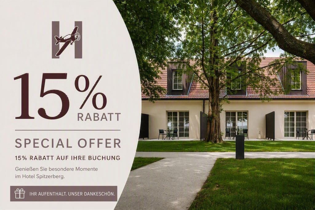 Werbegrafik mit 15 % Rabatt im Hotel Spitzerberg, kombiniert mit Ansicht des Hotelgebäudes mit Terrasse, Garten und Baum im Vordergrund, Hinweis auf Sonderangebot für Buchungen